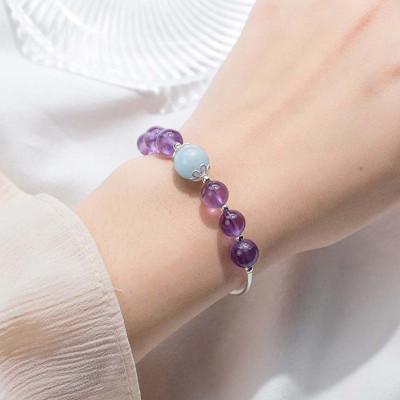 Vòng tay bạc đá thạch anh tím phối Aquamarine - Ngọc Quý Gemstones