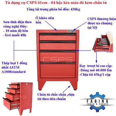 Tủ dụng cụ CSPS 61cm - 04 hộc kéo màu đỏ có chân tủ