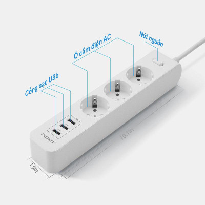 Ổ Cắm Điện Thông Minh 3 Ổ Cắm AC - Pisen 303-EP - Màu Trắng
