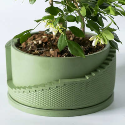 Chậu cây xi măng bậc thang hoạ tiết Trống Đồng Đông Sơn, ngang 18.4cm cao 8,5 cm, quà tặng cao cấp, decor bàn làm việc, cây văn phòng, nhà ở