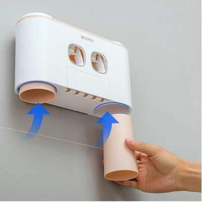 Hộp kệ đựng bàn chải kem đánh răng kèm 4 cốc 2 cửa nhả kem đánh răng thông minh dán tường vô cùng chắc chắn không cần khoan tường hay dùng ốc vít E-1802
