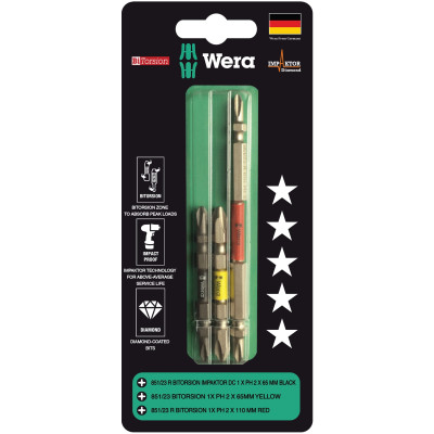 Bộ mũi vít 2 đầu 4 cạnh cho máy khoan bắt vít 851/23 BiTorsion Impaktor phủ kim cương PH2 x 65mm và PH2 x 110mm, 3 cái, Wera 05344490001