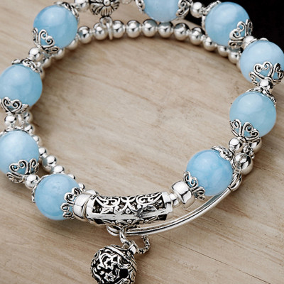 Vòng 2 line đá Aquamarine phối charm bạc size hạt 10mm mệnh thủy, mộc - Ngọc Quý Gemstones