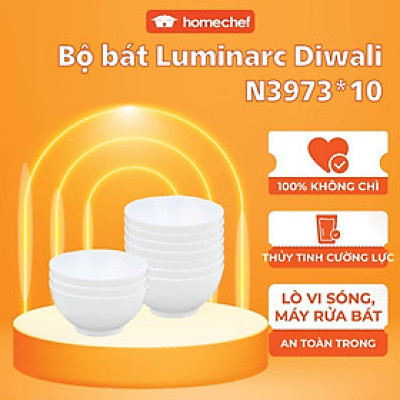 Bộ 6 bát (chén) cơm thủy tinh Luminarc Diwali 12cm N3973*6, dùng lò vi sóng, máy rửa bát | Hàng chính hãng