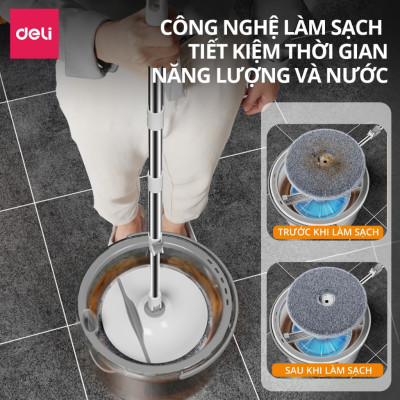Bộ Cây Lau Nhà Tách Nước Bẩn Deli Gập 90 Độ Có Thùng Lau Nhà Tự Vắt Thông Minh, Chổi Lau Nhà 360 Độ