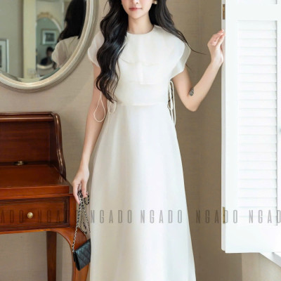 Đầm kem cổ xếp tầng NGADO , đầm xòe