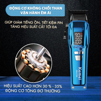 Tông đơ cắt tóc chuyên nghiệp Kemei KM-2796 lưỡi cắt mạ carbon DLC cao cấp có động cơ không chổi than màn hình LCD hiển thị công suất 10W - Tặng kèm lưỡi thay - Chính hãng