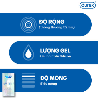Bộ 3 hộp bao cao su Durex Invisible Extra Thin Extra Sensitive siêu mỏng, size 52mm, 3 bao/hộp
