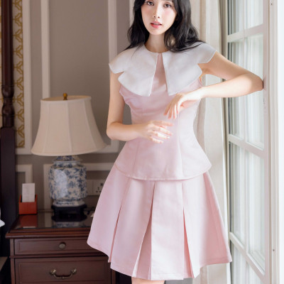 Set áo váy hồng cổ sen NGADO , set áo kèm váy , set váy xếp ly