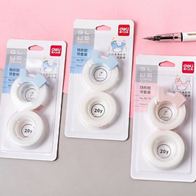 Combo 2 cuộn Băng Keo Trong Suốt Có Thể Viết được 18.3m + kèm cắt băng dính, băng dính 2 mặt trong suốt Deli 30112