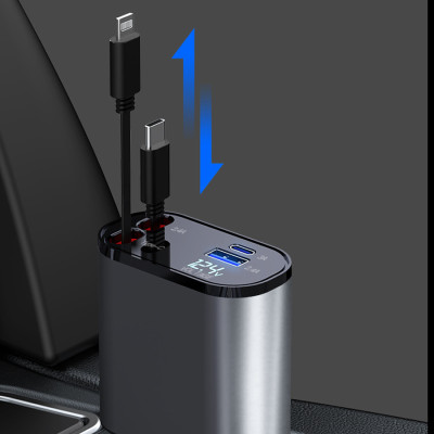 Tẩu Sạc Nhanh Xe Ô Tô TÍCH HỢP DÂY Sạc Type C, Lightning 100W | Hiển Thị Thông Số Sạc, Dây Rút Chống Rối, 4in1