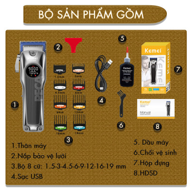 Tông đơ cắt tóc chuyên nghiệp Kemei KM-1699 lưỡi cắt mạ carbon công suất 8W tốc độ cắt 9000RPM - Hàng chính hãng