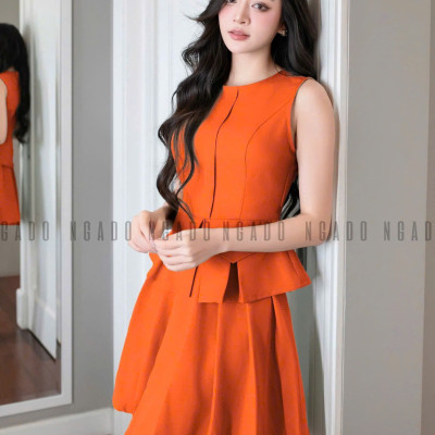 Set áo váy cam xếp ly NGADO , set áo váy ngắn , set áo váy nữ , set công sở