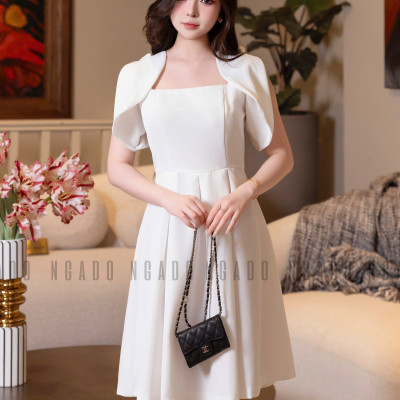 Đầm trắng xếp ly NGADO , đầm dự tiệc , đầm công sở