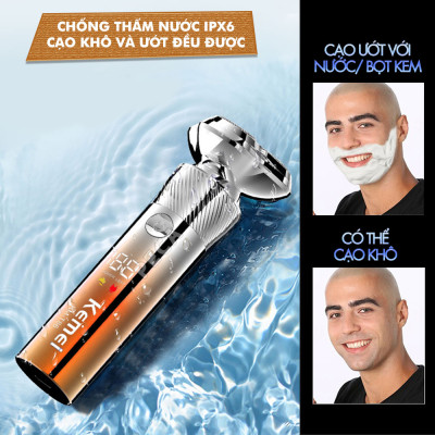 Máy cạo râu khô và ướt KEMEI KM-T86 chống thấm nước IPX6 công suất 8W sạc USB nhanh 1.5 giờ - Chính hãng