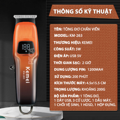 Tông đơ chấn viền Kemei KM-263 công suất mạnh 5W màn hình LCD tiện lợi có thể cạo đầu, khắc tóc tattoo, tạo kiểu- Chính hãng