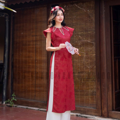 Áo dài Cát Châu NGADO , áo dài đỏ , áo dài Tết