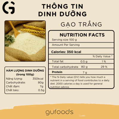 Gạo thơm GUfoods (1kg) - Cơm mềm dẻo, Thơm tự nhiên, Hạt dài, Nguyên liệu vựa lúa Đồng bằng Sông Cửu Long