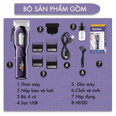 Tông đơ cắt tóc chuyên nghiệp Kemei KM-2335 công suất siêu mạnh 7,5W màn hình LCD sạc nhanh USB type C tiện lợi - Chính hãng