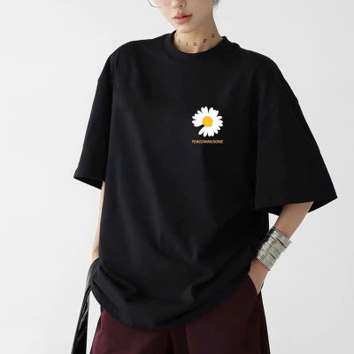 Áo Thun Nữ 100% Cotton Màu Đen In Hoa Cúc Trắng