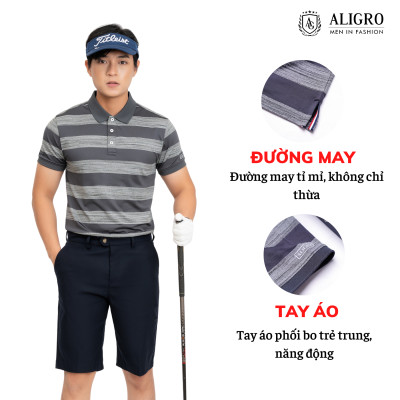 Áo thun polo nam cộc tay kẻ ngang màu xám aligro ALGPLO58
