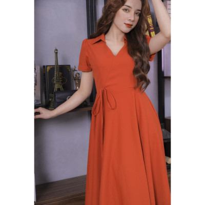 Váy Trơn Màu Cam Nơ Eo Cao Cấp 23V047 Pi Style