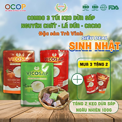 Combo 3 Kẹo dừa sáp VICOSAP vị cacao lá dứa kẹo mềm dẻo ít đường đặc sản Trà Vinh túi 100g