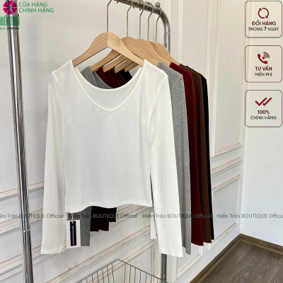 Áo thun nữ cổ tim Hiền Trần BOUTIQUE dài tay dáng lỡ crop mặc thu đông chất cotton co giãn Top Women A9