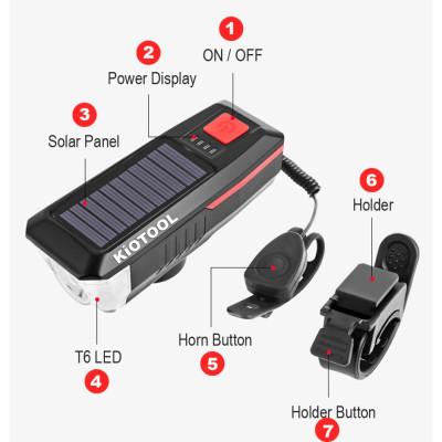 Đèn xe đạp năng lượng mặt trời Kiotool có còi chống nước 3 chế độ sáng