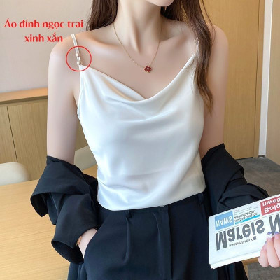 Áo 2 dây cổ đổ thiết kế đính ngọc trai xinh xắn, Áo nữ lụa satin cao cấp, thoáng mát - New Design AO0015