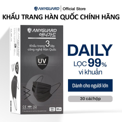[NEW] Khẩu Trang Anyguard Hàn Quốc 3 Lớp Màu Đen Chính Hãng -  Lọc 99% Vi Khuẩn, UV Protection (Hộp 30 Cái) - Bảo Vệ Hằng Ngày - Tiêu Chuẩn Công Nghệ Hàn Quốc - ISO 9001:2015, ISO 13485:2016, QCVN 01:2017/BTC