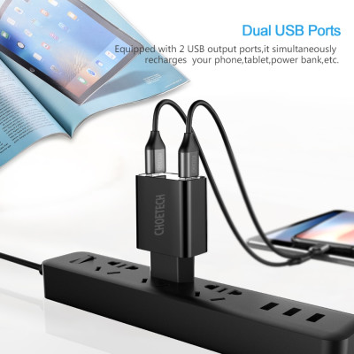 Cóc củ sạc nhanh 2 cổng USB Type A hiệu CHOETECH C0028 hỗ trợ sạc nhanh 5V-2.2A/Port trang bị chip sạc thông minh, đèn LED báo điện áp - Hàng chính hãng
