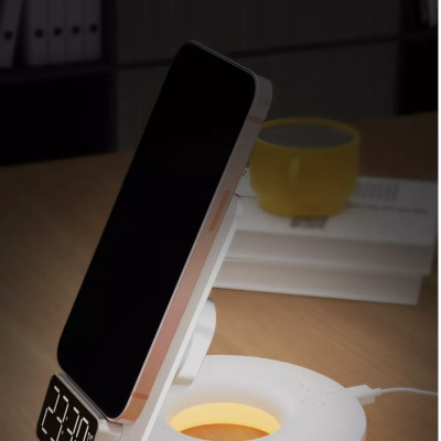 Sạc Wiwu Automatic Positioning 4in1 M11 Dành Cho Điện Thoại Hỗ Trợ Sạc Nhanh Không Dây,  Có Đồng Hồ Báo Thức - Hàng Chính Hãng