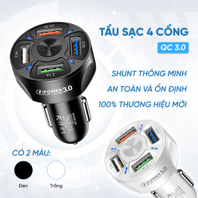 Tẩu Sạc Xe Ô Tô 4 Cổng USB Công Nghệ Sạc Nhanh QC 3.0A | Tẩu Sạc Điện Thoại Dùng Trên Xe Ô Tô 4 Cổng USB Sạc Được Nhiều Thiết Bị Cùng Lúc, Hỗ Trợ Sạc Nhanh QC 3.0A 