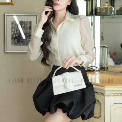 Set áo váy kem đen tùng bí NGADO , set áo váy ngắn tùng bí , set áo sơ mi