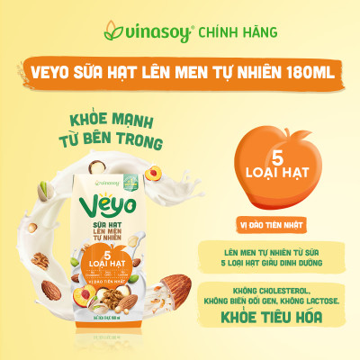 Thùng Veyo Sữa hạt lên men tự nhiên Vị Đào Tiên Nhật (30hộp x 180ml)