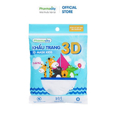Khẩu trang y tế 3D Pharmacity màng lọc N95 lọc bụi mịn và 99% vi khuẩn (Gói 5 cái)