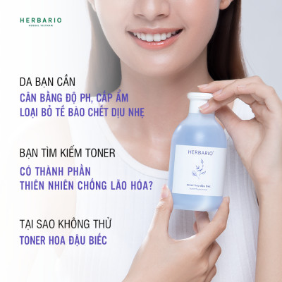 Bộ 3 cấp ẩm, ngăn ngừa lão hóa da Hoa Đậu Biếc Herbario: Sữa rửa mặt 100ml + Toner 200ml + Serum 30ml