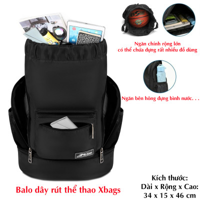 Balo dây rút thể thao đen Xbags Xb 6004, Chất liệu chống thấm nước hiệu quả
