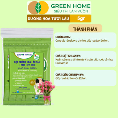 Dưỡng Hoa Tươi Lâu Greenhome, Longlife, Phân Bón Cho Hoa Cắt Cành, Gói 5gr, Lâu Tàn, Nở Bông To, Không Bị Hôi Nước