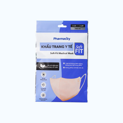 Khẩu trang y tế Soft-Fit Pharmacity (Gói 5 cái) màu be - 3 lớp