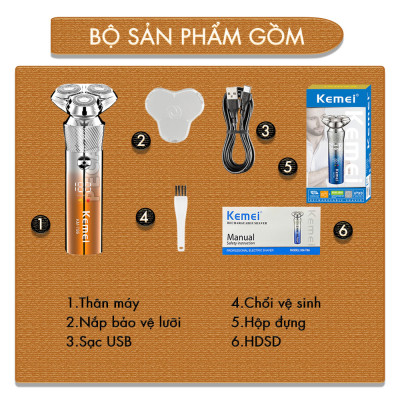 Máy cạo râu khô và ướt KEMEI KM-T86 chống thấm nước IPX6 công suất 8W sạc USB nhanh 1.5 giờ - Chính hãng