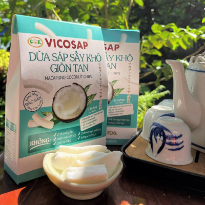 Dừa sáp sấy giòn cao cấp VICOSAP ít đường đồ ăn vặt healthy đặc sản Trà Vinh hộp 25g