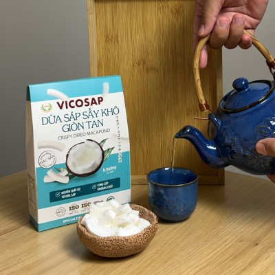 Dừa sáp sấy giòn cao cấp VICOSAP ít đường đồ ăn vặt healthy đặc sản Trà Vinh hộp 25g