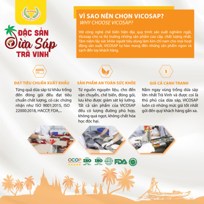Combo 3 Kẹo dừa sáp VICOSAP vị cacao lá dứa kẹo mềm dẻo ít đường đặc sản Trà Vinh túi 100g