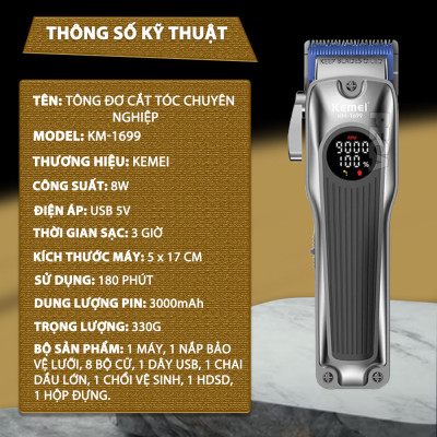 Tông đơ cắt tóc chuyên nghiệp Kemei KM-1699 lưỡi cắt mạ carbon công suất 8W tốc độ cắt 9000RPM - Hàng chính hãng