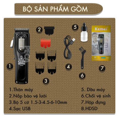 Tông đơ cắt tóc chuyên nghiệp Kemei KM-1727 công suất mạnh 8W màn hình LCD sạc nhanh USB tiện lợi - Chính hãng