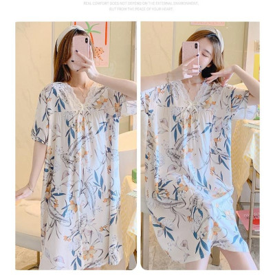 Váy/đầm nữ cộc tay cổ V phối ren vải lanh thoáng mát, dáng suông dài nhiều họa tiết freesize 45 - 65 kg