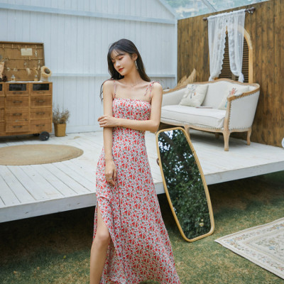 Đầm maxi xẻ tà dàng dài, họa tiết hoa nhí màu đẹp, chất voan tơ cao cấp, váy 2 kiểu mặc: 2 dây và vai trần | MX056