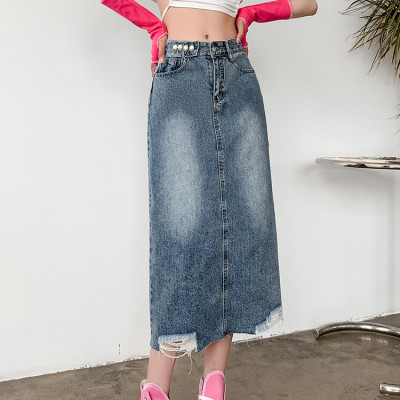 [CAO CẤP] Chân váy jean qua gối rách lai C065 dáng suông wax xanh xám không co dãn C065